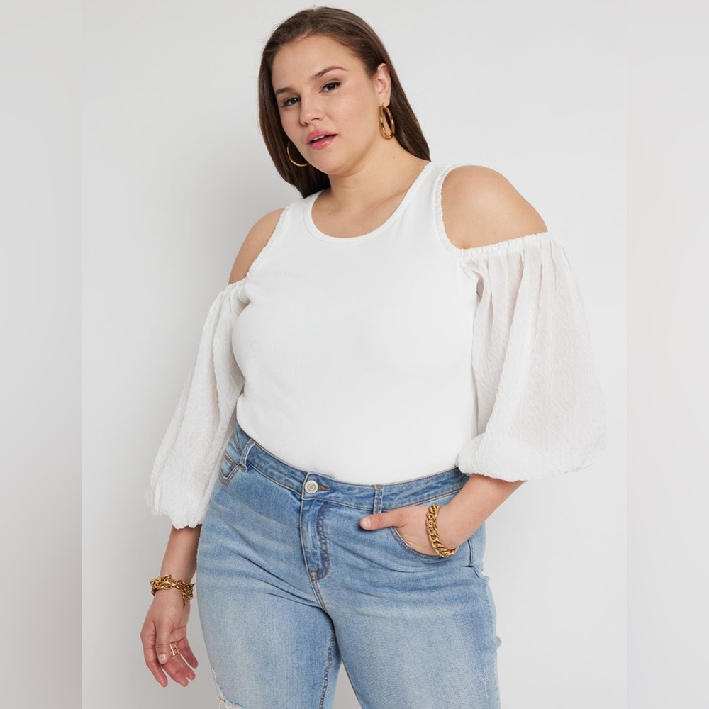 Eloquii Cold Shoulder Organza Sleeve Top Size 22/24 Color White